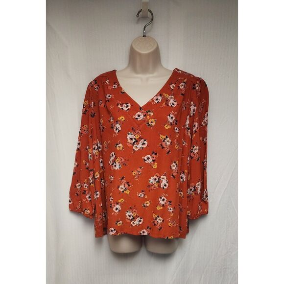 St John Bay V-Neck 3/4 Sleeve Floral Multi-color Orange Blouse Size Large - Picture 2 of 7